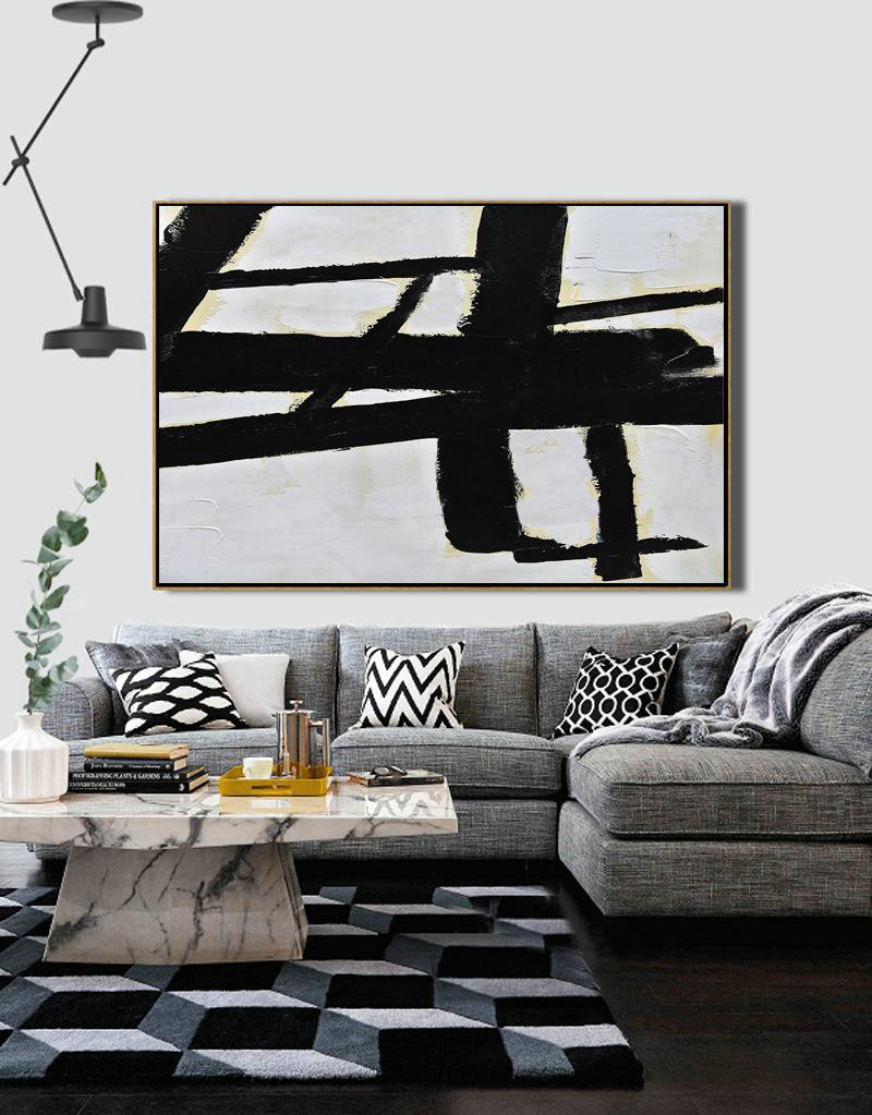 Large Contemporary Painting,Horizontal Palette Knife Minimal Canvas Art Painting Black White Beige - Acrylic Painting On Canvas